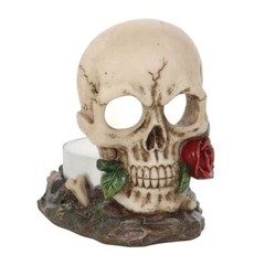 GOTHIC GOTH CULT COLLECTABLE SMALL SKULL AND ROSE TEA-LIGHT HOLDER (SK_13224) BN
