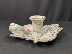 Exquisite Vintage Handled Candlestick Holder Heavy Gilt Trim Reticulated China