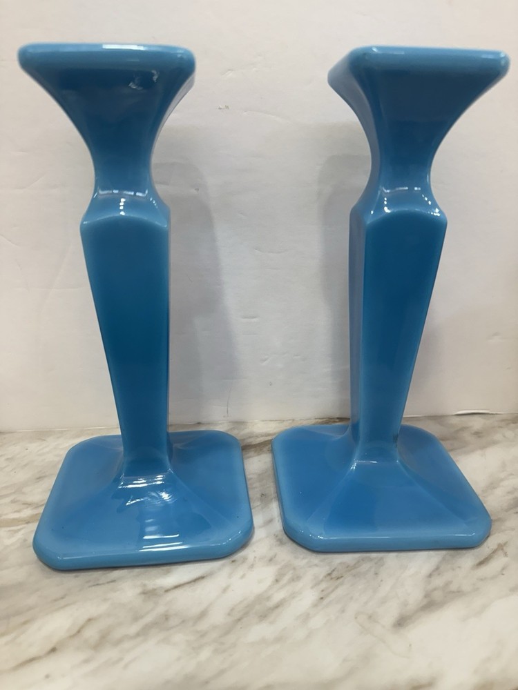 Cambridge Blue Opaline Azurite Candlestick Pair 1920’s Art Nouveau Home Decor