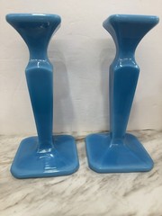 Cambridge Blue Opaline Azurite Candlestick Pair 1920’s Art Nouveau Home Decor