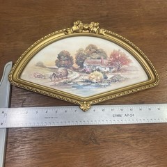 Vintage Homco Fan Shape Gold Bow Framed Picture Autumn Harvest Cottage