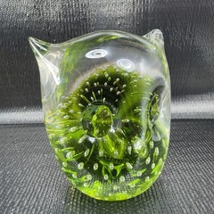 Hand Blown Venetian Art Glass Owl Bird Paperweight Figurine Green Bubbles Italy