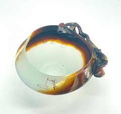 Art Glass Bowl Modernist Organic Brutalist Frosted Hand Painted Leaf And Vine