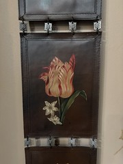 Vintage long 4 panel brown Leather Wall hanging hand painted tulips metal rods