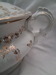 Vtg Ornate Chamber Pot With Lid White with Gold floral design, Victorian?