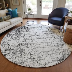 8′ Black White And Gray Round Abstract Washable Rug