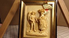 Vintage French Floralix Detailed Relief Framed Wall Decor Man & Woman w/ Baskets