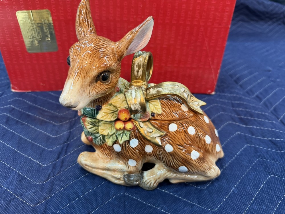 FITZ And FLOYD Classic Christmas Snowy Woods Deer Ceramic Candy Jar