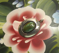 VINTAGE GREEN TURQUOISE OVAL PENDANT~STERLING SILVER~1.75X1.25 IN.