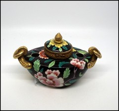Aladin France Porcelain Art Deco Inkwell Chinoiserie Bird Floral Gilt Hinged Lid