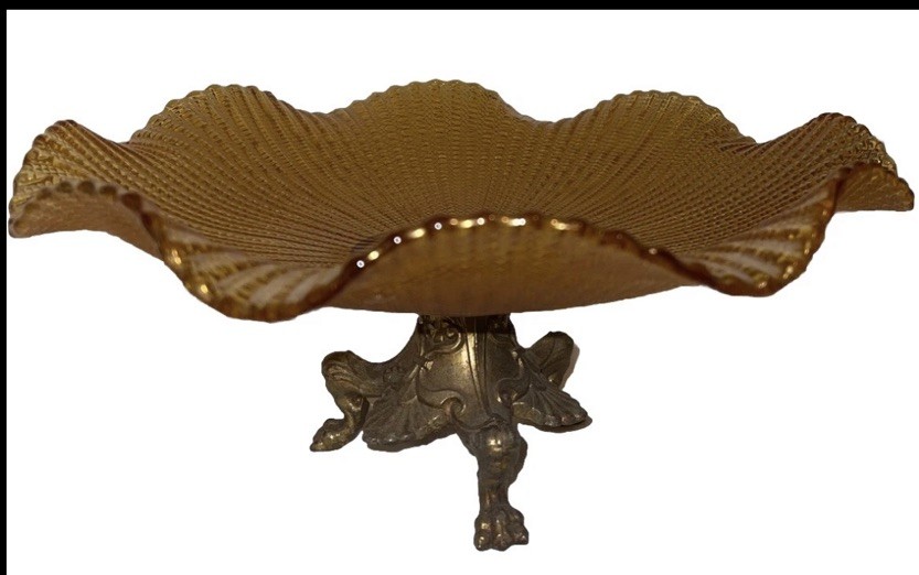 Antique Fenton glass Ruffled Pedestal ￼bowl with a brass Claw Foot Fun