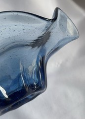 Hand Blown Art Glass Bowl – Blue Clear – Ruffled Edge – Vintage MCM – 10”