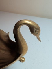 Vintage Heavy Brass Copper Swan Sculptural Bowl Patinaed
