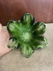 Vtg. Heavy Green Art Glass Ruffled/Flower Bowl Murano Style Hand Blown(Set Of 2)