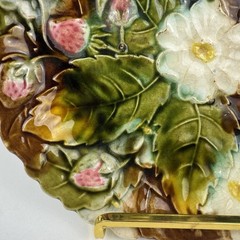 Antique French Majolica Strawberry Plate Floral Relief 8.5 Inch