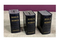 VINTAGE 3 SMALL HOLY BIBLE PRODUCERS BANK ALL WITH BOTTOM PLUGS MADE IN JAPAN
