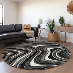 8′ Black Gray And White Round Abstract Washable Rug