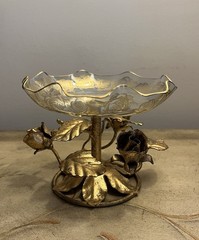 VTG Italy Gold Gilt Tole Metal Leaves/Roses Glass Candy Dish-Compote-Hollywood!