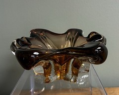 Vintage Murano Hand Blown Art Glass Bowl Brown Amber Ombre Heavy MCM