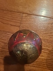 (2) Vintage Decorative Balls Brown Wood Sphere Embossing Brass Metal Inlay