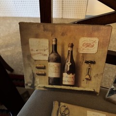 3 VTG Wine Bottle & Hotel De Paris Picture 8” X 9”on Burlap Neutral Colors