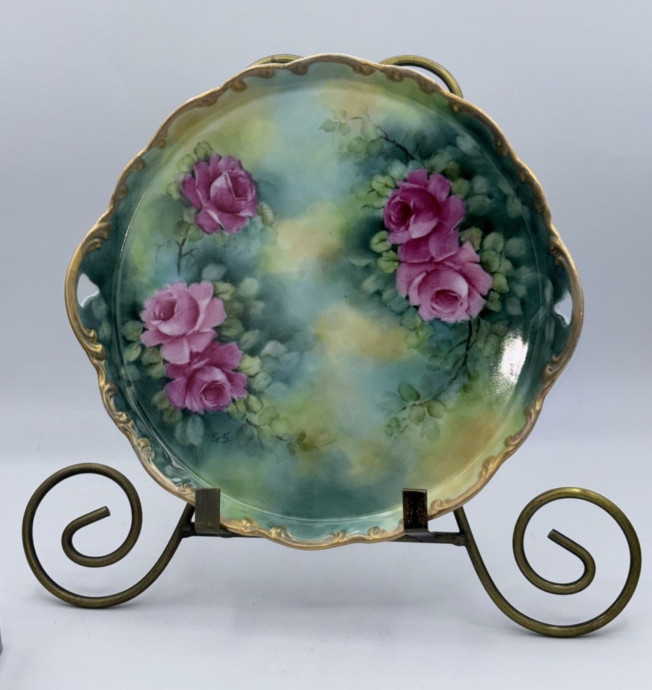 Antique Limoges Hand Painted Gold Scalloped Edge Handles Pink Roses Beauty10”