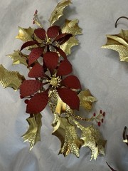 Home Interiors & Gifts Metal Poinsettia Wall Plaques brass and red 3 piece