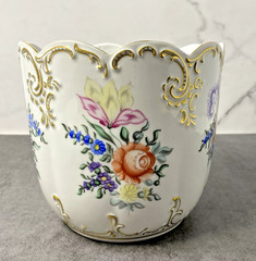 Vintage Hollohaza Hungary Hand Painted Floral Cachepot Planter Gold Gilt Vase