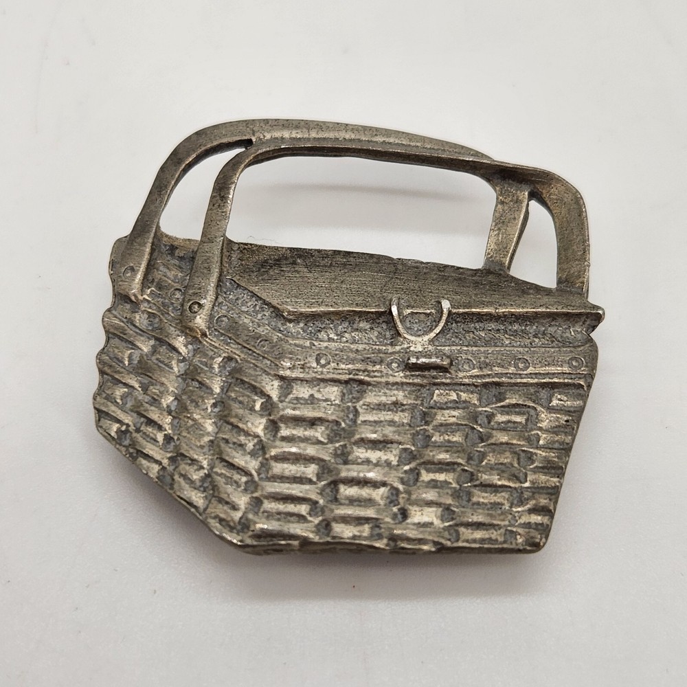 Vintage 1990s Longaberger Picnic Basket w/Handles Up Shaped Pewter Magnet