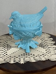 Westmoreland Robin Bird Dove on Nest Footed Bowl Dish & Lid Blue Milk Glass