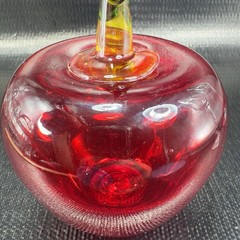 Hand Blown Large Red Apple Fruit With Leafs Hand Made Art Glass Figurine Decor