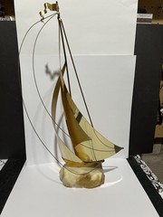 DEMOTT Signed Brass Sailboat On Onyx Base Sculpture Mid Century Modern 15” Tall