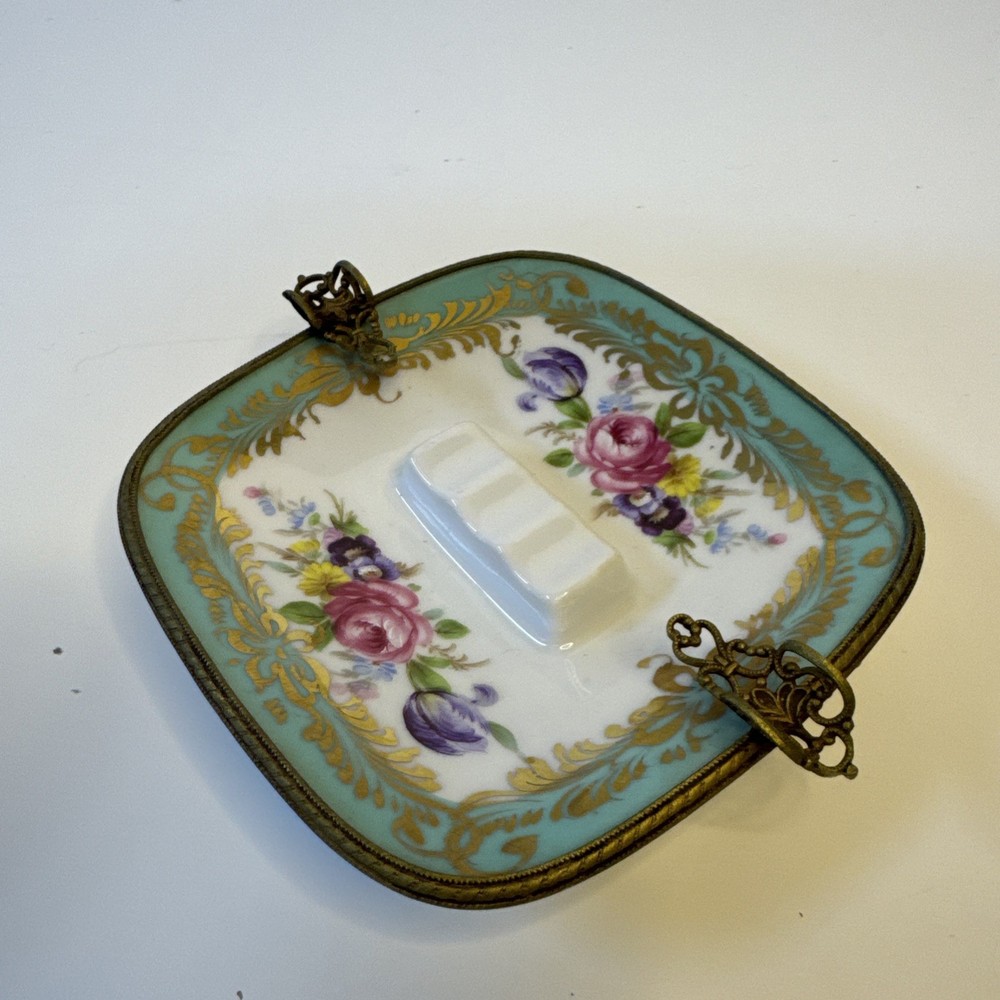 Antique Limoges Porcelain Ashtray w Gilt Bronze Floral France 4.5” Square