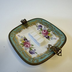 Antique Limoges Porcelain Ashtray w Gilt Bronze Floral France 4.5” Square