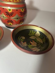 Traditional Folk Art Russian Khokhloma Lacquerware Hand Painted Pot Lid & Bowls.