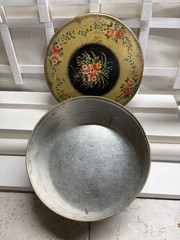 Vintage Toleware Candy Tin ~ Round Lid Covered Box ~ 10 inches in diameter