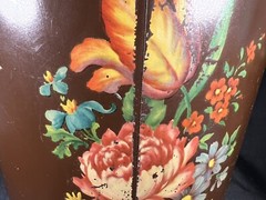 VTG Hand Painted CANCO Toleware Metal Trashcan / Can Floral Roses Brown 13”
