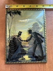 Vintage Silhouette Painted On Convex Glass 6″ x 8″ Couple Crossing Creek 1940s