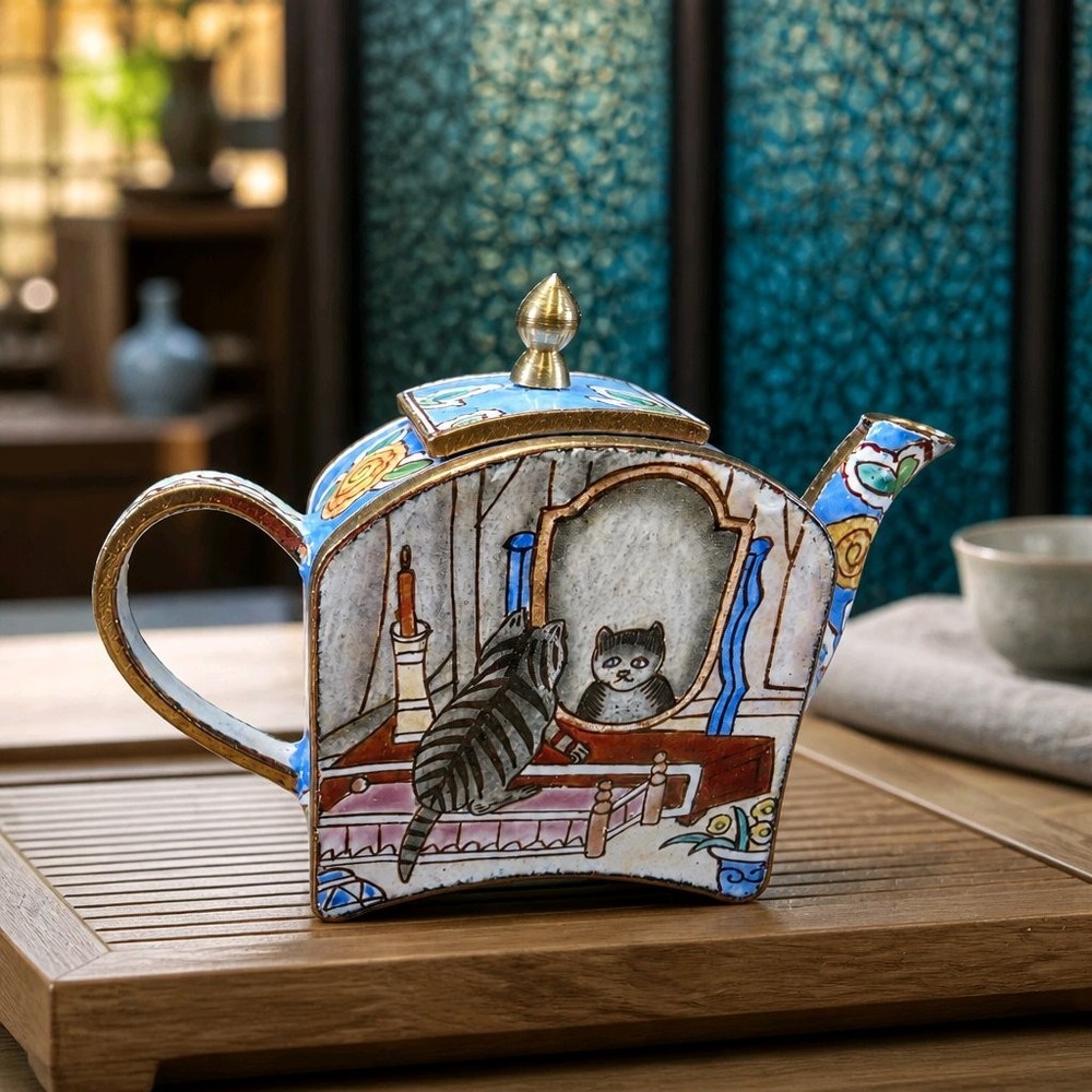 VTG Enameled Miniature Teapot Cat Looking in Mirror Unbranded Blue WHIMSICAL