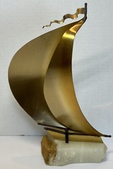 Brass Metal Sail Boat Sculpture Marble Base Nautical 8” Vintage DeMott Signed
