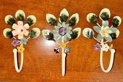 3 Vintage Italy Toleware Tole Painted Metal Flower Wall Hooks