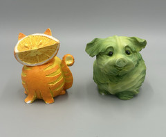 Set of 2 Enesco Home Grown Orange Tabby Cat & Green Cabbage Pig Figurines No Box