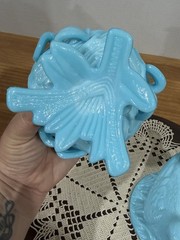 Westmoreland Robin Bird Dove on Nest Footed Bowl Dish & Lid Blue Milk Glass