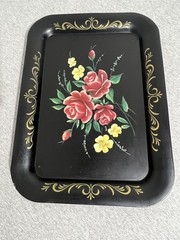 Vintage Black Metal Serving Trays Set of 6 Hand Painted Floral Rose Toleware Art