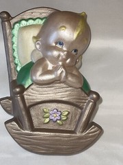 Vintage Ceramic 3D Kewpie Baby Cradle Wall Hanging Figurine Fun