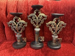 Ornate Rococo Victorian Hollywood Regency Style Gold Key Candle Holders Set Of 3