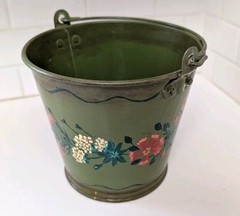 Vintage 1980 Green Toleware Metal Bucket With Hand Painted Flowers Signed