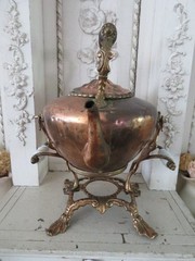 Old Copper TILTING TEA KETTLE on Ornate BRASS STAND White Porcelain Handles