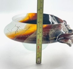 Art Glass Bowl Modernist Organic Brutalist Frosted Hand Painted Leaf And Vine