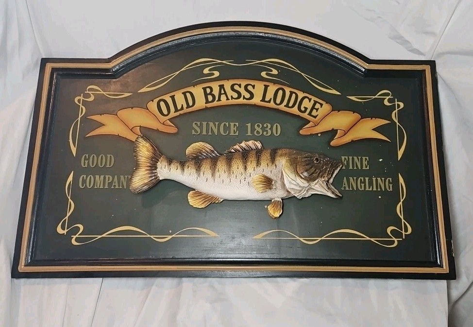 Old Bass Lodge Plaque 3D Fish Wall Mount Cabin Garage Man Cave Decor 27″x18